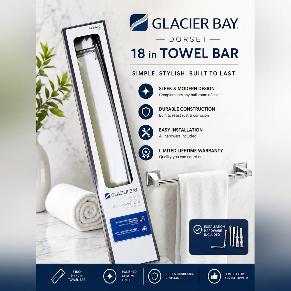 Glacier Bay Home Dorset 18 in Chrome Accessories Bath Room Towel Bar